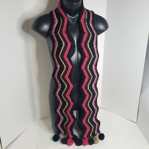 Unique Rare Vintage Zig Zag Knit Scarf Stripes Crochet Pom Hippie Boho Hobo Chic